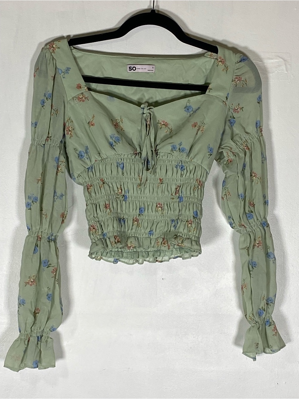 Green Floral Smocked Crop Top Cottagecore Coquette Fairycore Sheer Sleeves S